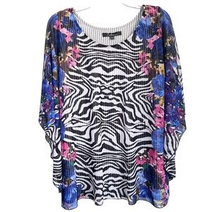 Calessa Zebra Floral Mesh‎ Cape Sleeve Top XL Boho Artsy